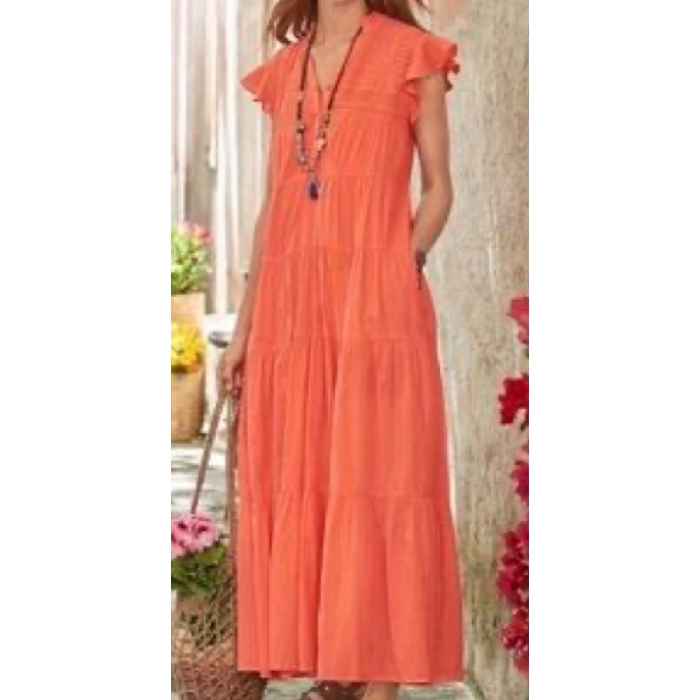 Sundance Maxi Dress Large June‎ Ruffle Dress Orange Coral Pintuck Boho Tiered